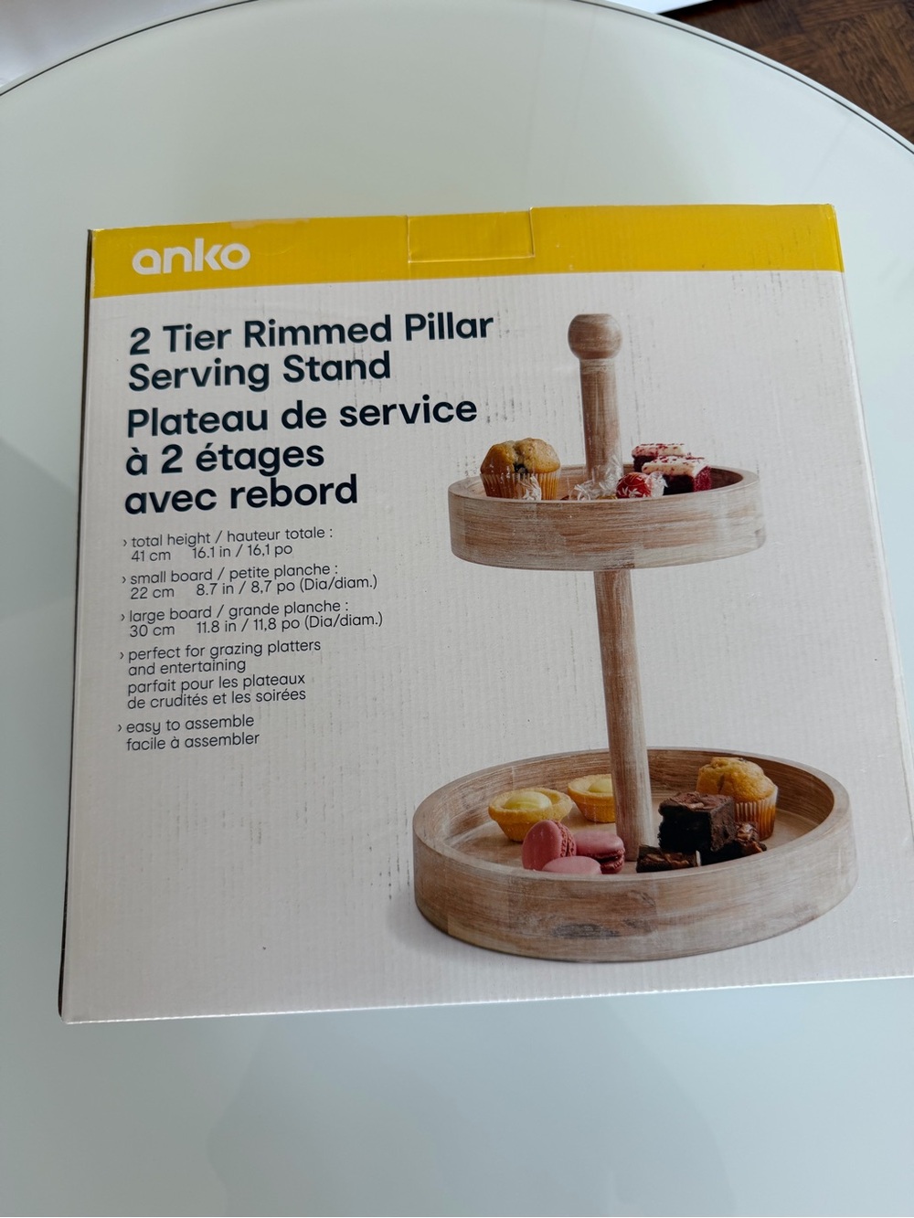 Anko 2-Tier Rimmed Pillar Serving Stand - Natural Wood New